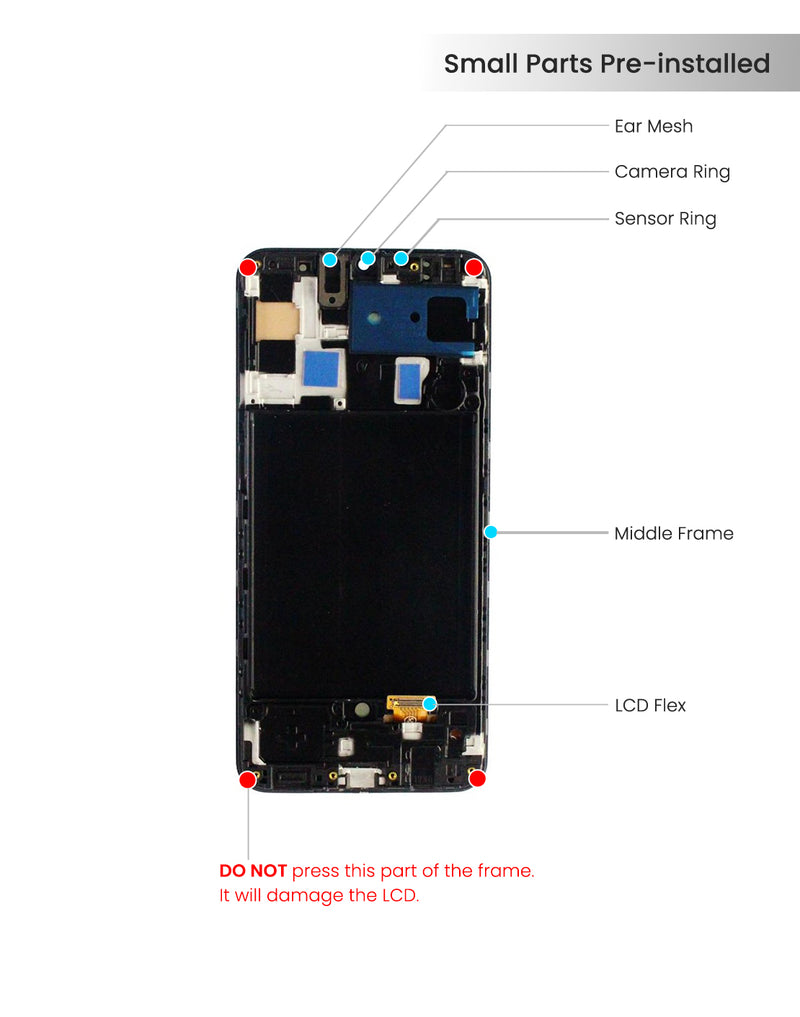 Samsung Galaxy A50 (A505 / 2019) LCD Screen Assembly Replacement With Frame (WITHOUT FINGER PRINT SENSOR) (US Version) (Aftermarket Incell) (All Colors)